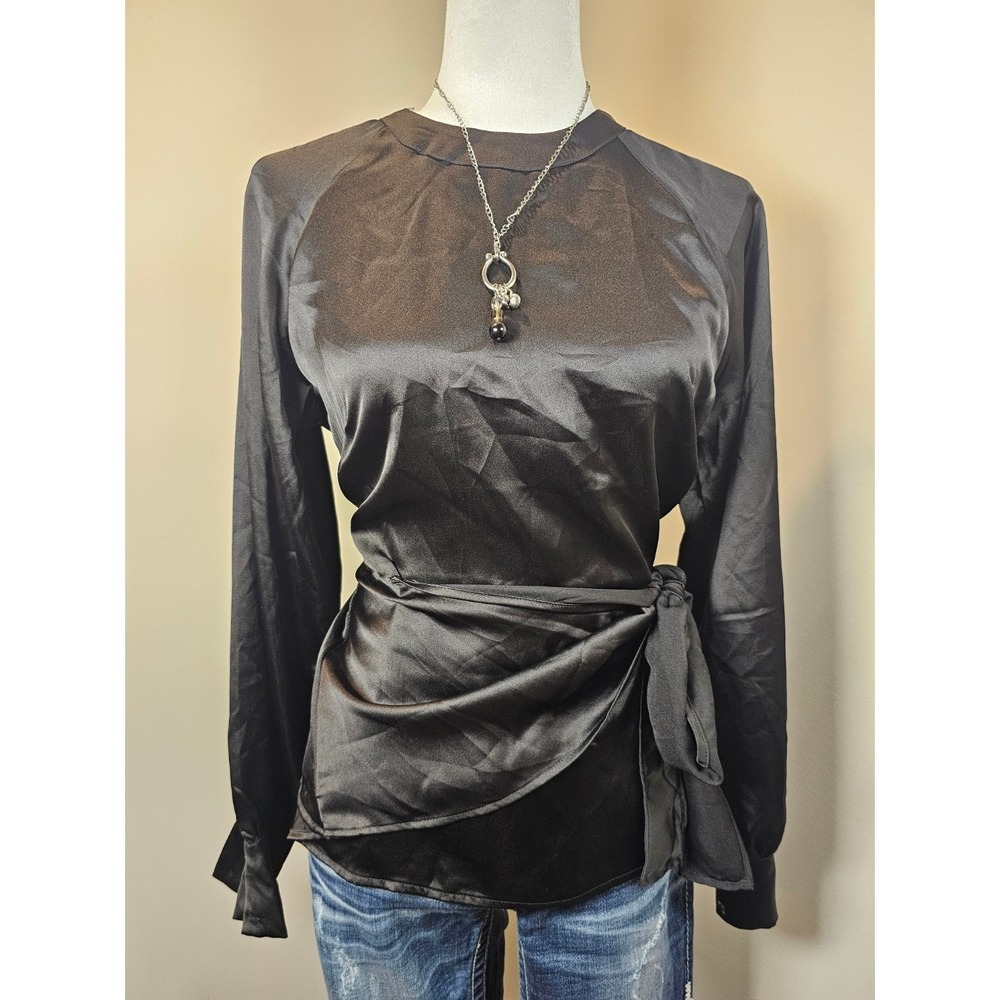 Sincerely Jules Womens Black Satin Side Tie Wrap Blouse Long Sleeve Top Large